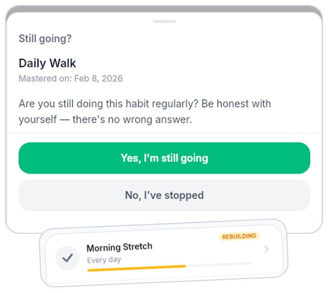 WhenSpace mastered habits showing maintenance check-in cards