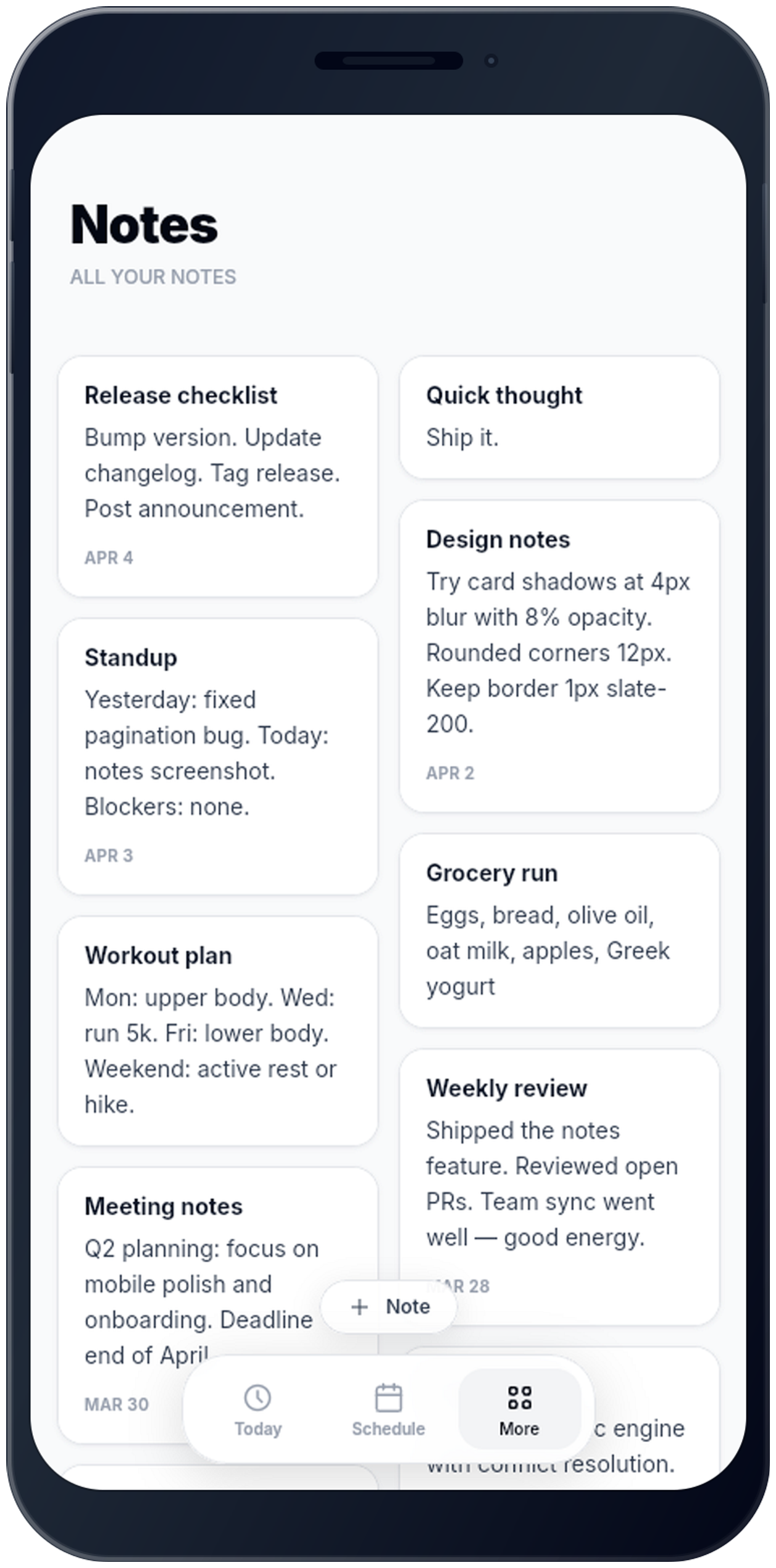 WhenSpace notes index showing a grid of quick-capture notes