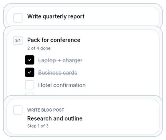 WhenSpace task types showing steps, checklists, and Someday tasks